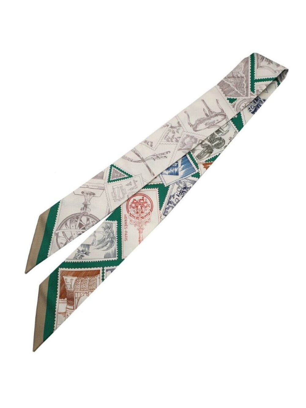 Hermes Twilly Faubourg Stamp Lover Green Noisette Blue Silk Scarf